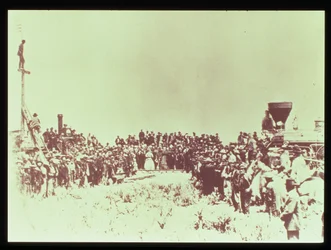 Encuentro de los ferrocarriles Union Pacific y Central Pacific en Promontory Point, Omaha, 10 de mayo de 1869